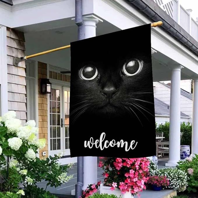 AOYEGO Cat Welcome House Flag 28 x 40 Inch Large Vertical Double Sided Black Cat Show Two Eyes Seasonal Outside Décor for Garden Yard Farmhouse Flags