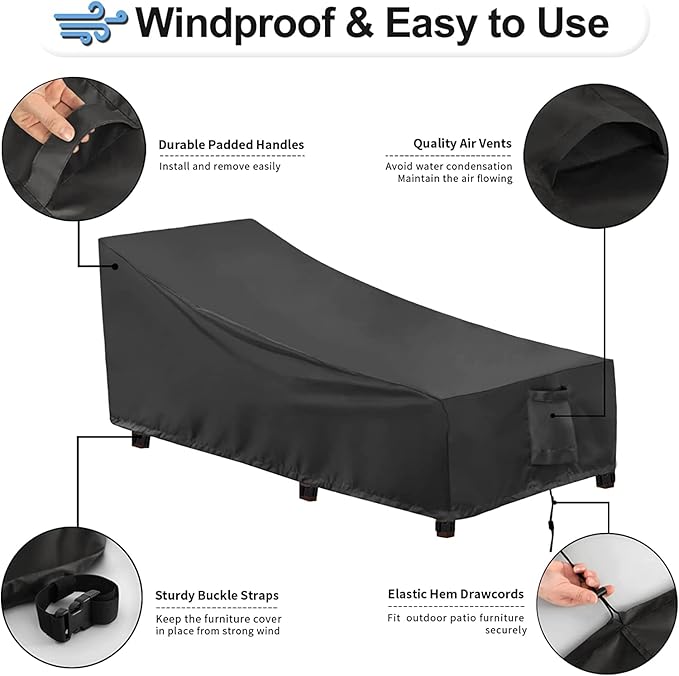 OutdoorLines Outdoor Waterproof Patio Chaise Lounge Chair Cover - UV Resistant Lounger Covers Heavy Duty Weatherproof Patio Sofa Furniture Covers, 1 Pack, 84Wx32Dx32H Inches, Black