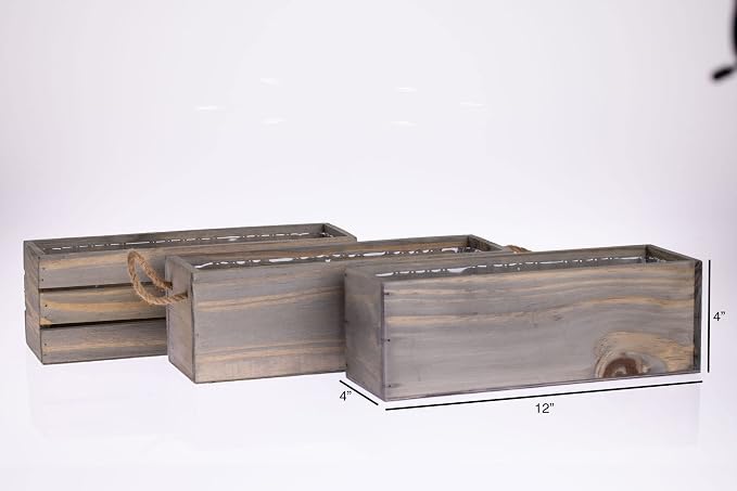 Wooden Planter Box with Handle I Rustic Barn Wood, Plastic Liner l Garden Decor l Restaurant and Wedding Decorations l Wedding Table Centerpiece (12x4 w Handle Set of 4, Natural)