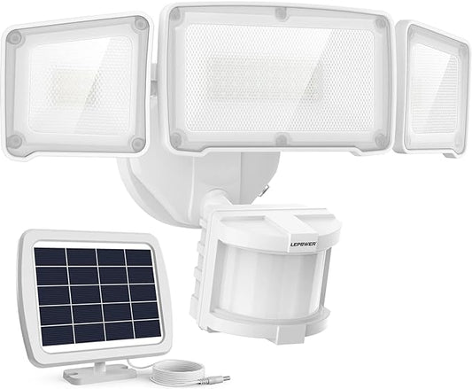 LEPOWER 1600LM LED Solar Security Lights Motion Outdoor, Motion Sensor Light, 5500K White Light, IP65 Waterproof Outdoor Flood Solar Light with 3 Adjustable Head for Yard, Garage（White）