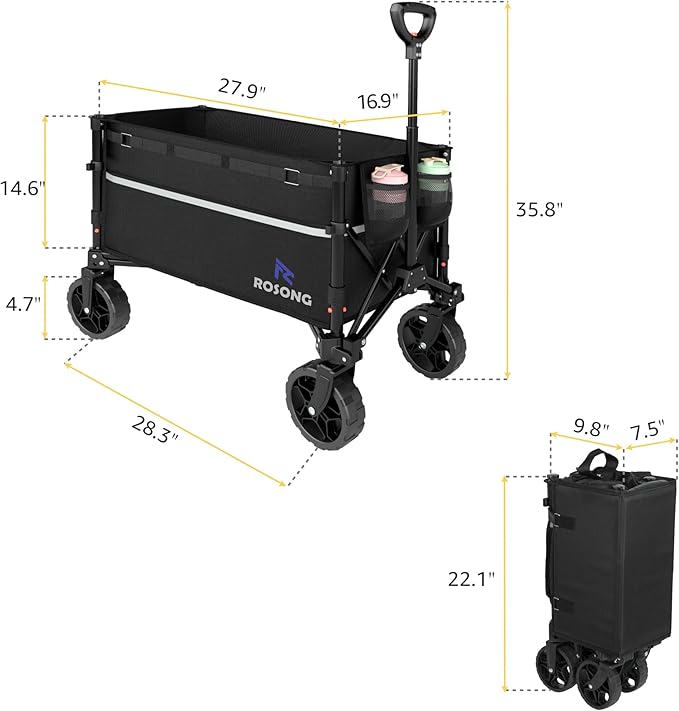 ROSONG Collapsible Wagon Cart with Wheels Foldable - Folding Utility Heavy Duty Wagons Carts for Grocery Sports Garden Shopping Camping Wheelbarrows (Black, 120L)