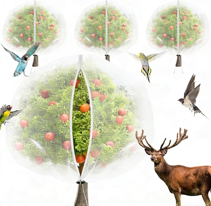 4 Pack 10x10ft Fruit Tree Netting - Bird Proof Tree Nets for Fruit Trees, Reusable Fruit Tree Covers with Drawstring, Heavy Duty Mesh to Protect from Birds, Squirrels, Deer & Insects