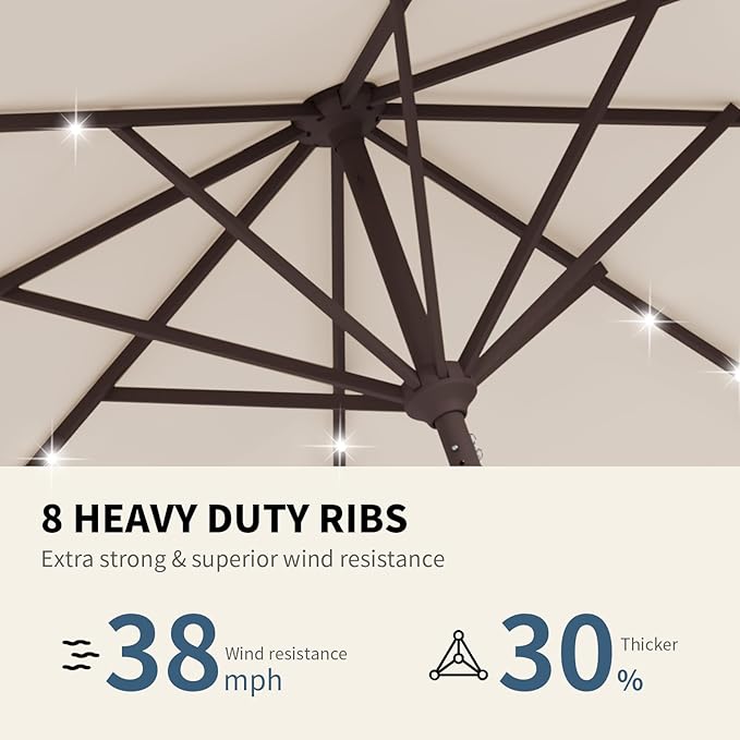 9FT Patio Umbrella with Solar Lights,Outdoor Market Umbrella with Tilt and Crank, LED Lighted Table Umbrella for Garden,Deck,Backyard,Pool,Beach