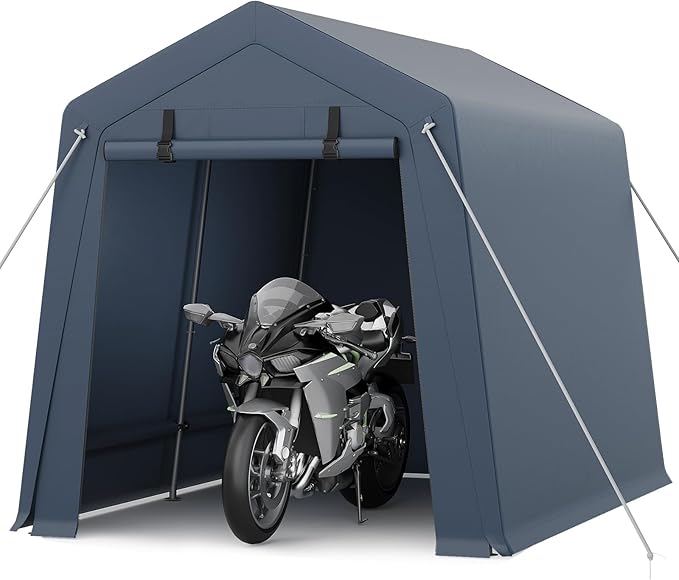 7 x 10 Ft Carport Portable Storage Shed Outdoor Tarp Sheds with Roll-Up Door, Bike Shed ATV Storage Tent for Motorcycle, Car, Garden Tools Grey