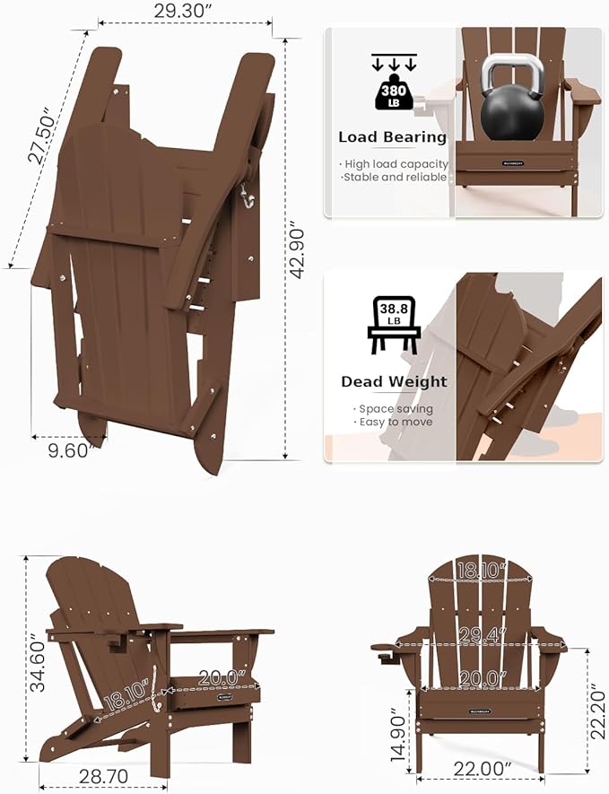 MUCHENGHY Folding Adirondack Chairs Set of 4, Patio Chairs, Lawn Chairs, Outdoor Chair, Adirondack Chair Plastic, Fire Pit, Weather Resistant with Cup Holder for Deck, Backyard, Garden(Brown)