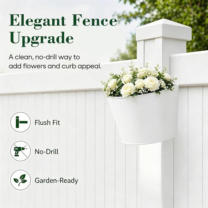 1 Pack White Metal Fence Post Planter for 4x4 & 5x5 PVC Vinyl Fence, No-Drill Hanging Flower Pots for Outdoor Plants, Flush Fit Planters with Drainage for Garden Yard Outdoor Decor