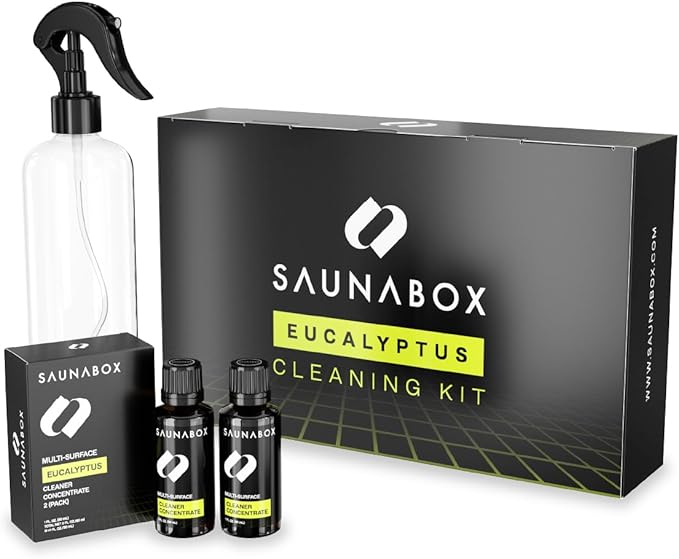 SAUNABOX All-Natural Sauna Cleaning Kit | Eco-Friendly Eucalyptus Multi-Surface Cleaner Concentrate – Chemical-Free & Biodegradable | Safe for Sauna Tents, Benches & Mats (2x1 FL.OZ./30mL)