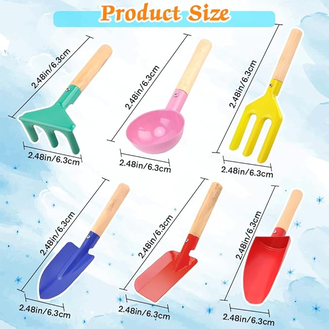 6 Piece Kids Gardening Tools, Children Beach Sand Box Toys, Made of Metal with Sturdy Wooden Handle, Safe Beach Gardening Set, Spoon, Fork, Rake & Shovel, Gifts for Kids
