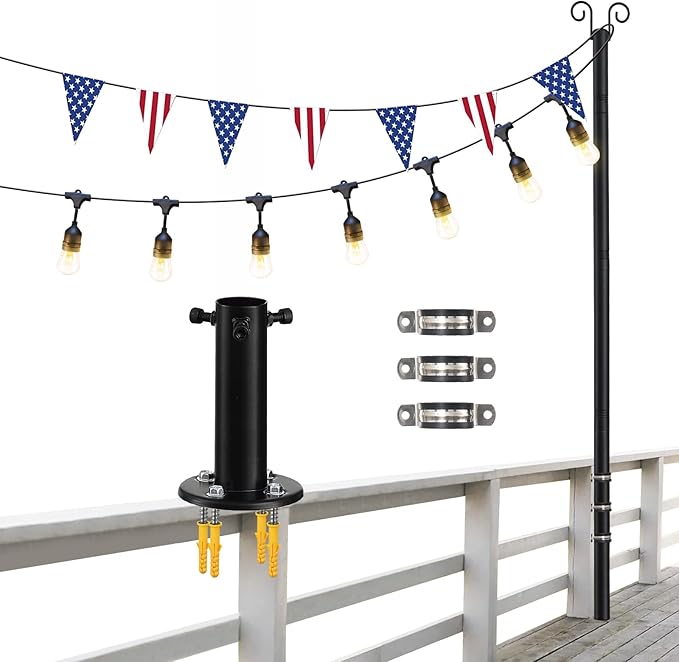 String Light Poles, 12.6 FT Light Poles for Outside Patio, Outdoor Deck Lighting Poles with Brackets for Fence and Base for Wood Concrete Mount, Heavy Duty Metal Stand Hanging Garden Party Decoration