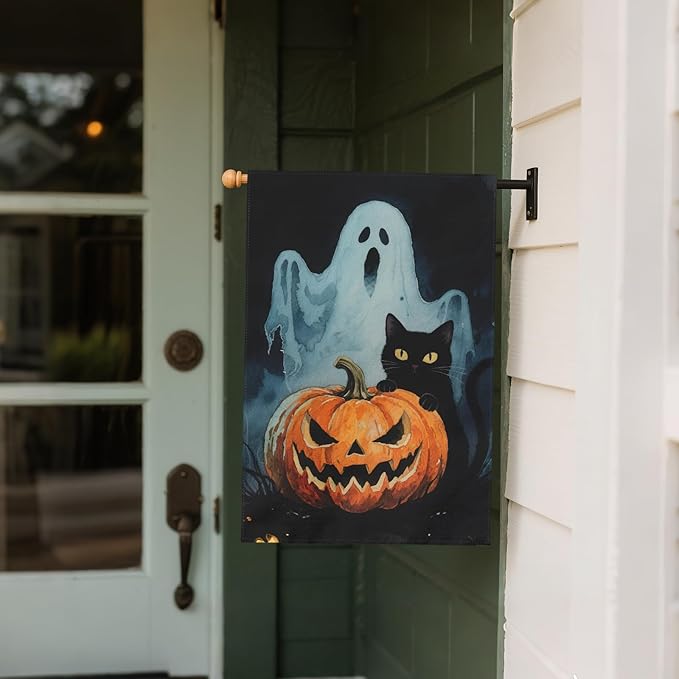Scary Ghost Pumpkin Halloween House Flag 28x40 Inch Black Cat Halloween Theme Holiday Decorative Garden Flags for Outside Double Sided Outdoor Home Farmhouse Decoration Yard Porch Decor