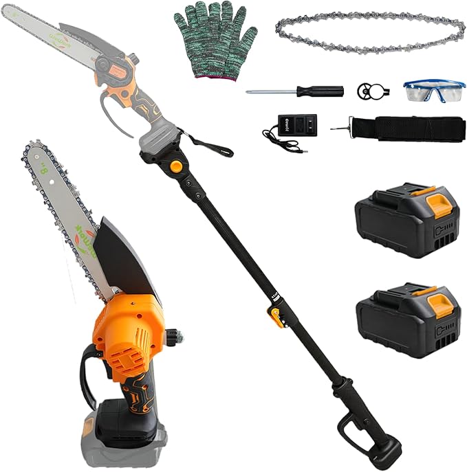 2-in-1 Cordless Pole Saw for Tree Trimming, 14FT Max Reach Extendable Battery Powered Pole Chainsaw with 8 Inch Mini Chainsaw, Dual 2.0Ah Batteries, Electric Pole Saws for Yard Pruning