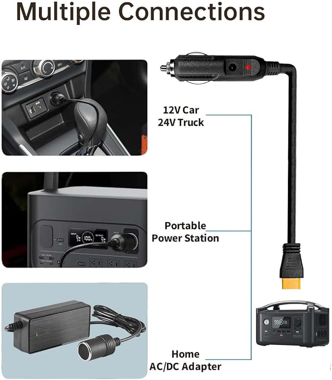 3M(10FT) 12V/24V Car Charging Cable to XT60 Connector, 14 AWG Cigarette Lighter Charger, Compatible with Anker SOLIX C300/C1000/F2000, EcoFlow Delta 2, BLUETTI AC2A Power Station, Black