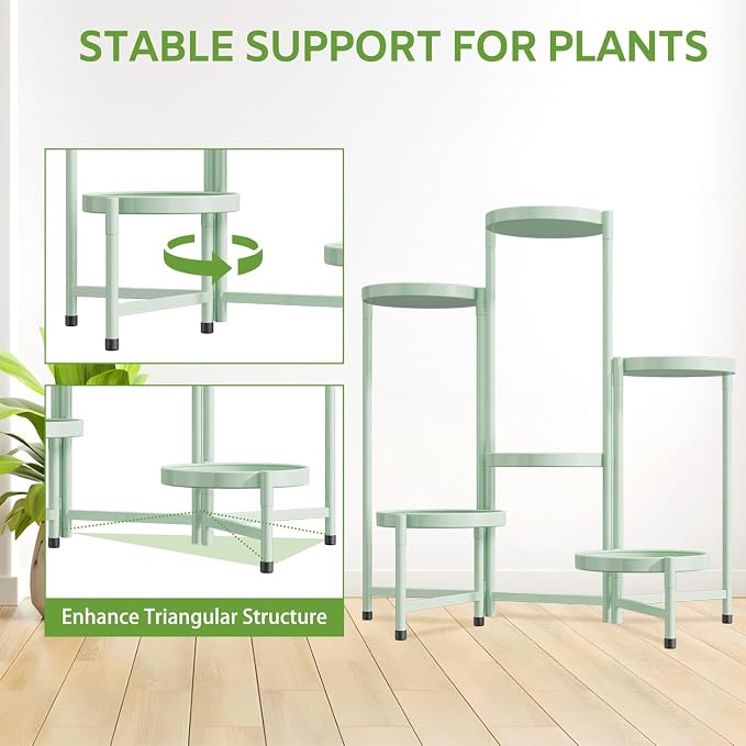 iDavosic.ly 6 Tier Large Plant Stand Indoor, 10 Inch Wide Tall Corner Metal Plant Stands Outdoor for Multiple Plants, Folding Tiered Flower Display Holder Rack Shelf, Light Green