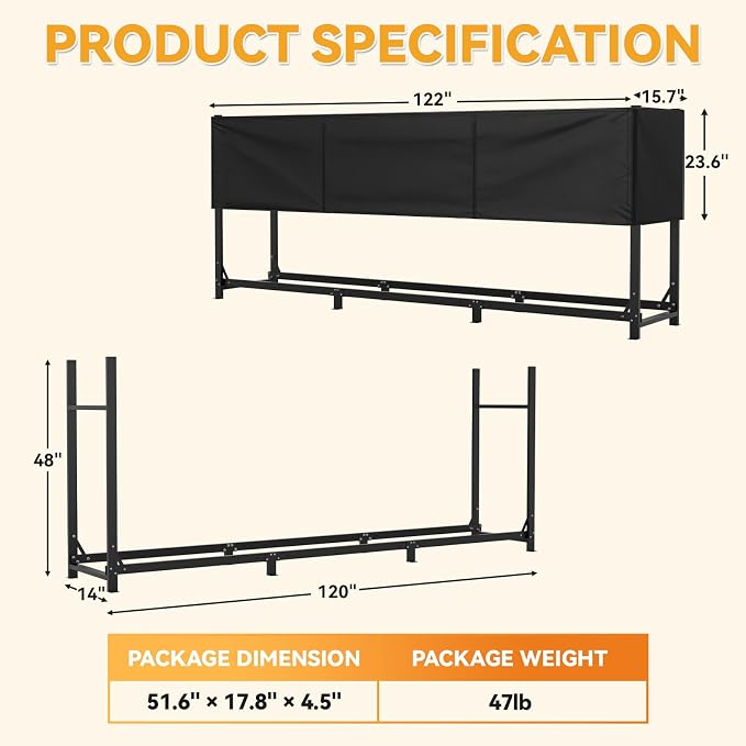 Heavy Duty 10ft Firewood Rack with Cover Outdoor, 5/8 Cord Capacity Log Holder Sturdy Steel Construction, All-Weather Black Powder Coat Wood Storage Organizer for Indoor&Outdoor Use, Black
