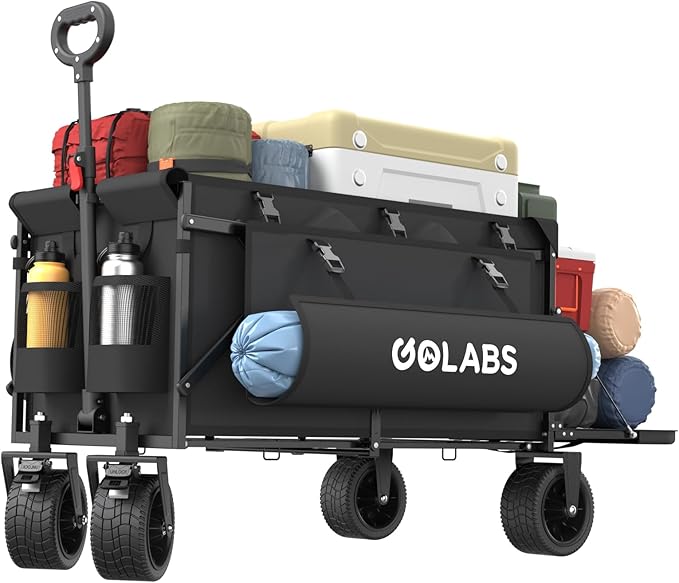 Golabs WA2 Wagon Cart Max 560lbs Load & Expandable Storage Max 280L(2 Side Strap), Heavy Duty Beach Wagon with Brakes, 7×4" Big All-Terrain Wheel, 3S Quick Fold Design for Garden & Camping & Beach