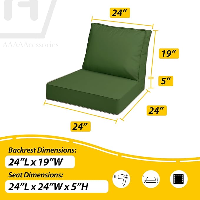 AAAAAcessories Outdoor Deep Seat Cushions with Double Welted Pillow, Waterproof, Fade-Resistant Patio Furniture Replacement Cushions, 24" x 24" x 5" + 24" x 19", Dark Moss Green