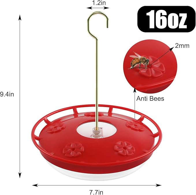 FEED GARDEN 16oz Hummingbird Feeder for Outdoors - Leak-Proof Disc Design with Built-in Ant Moat, 5 Feeding Ports, Wide Mouth Easy Clean & Refill, Red Hanging Feeder for Garden