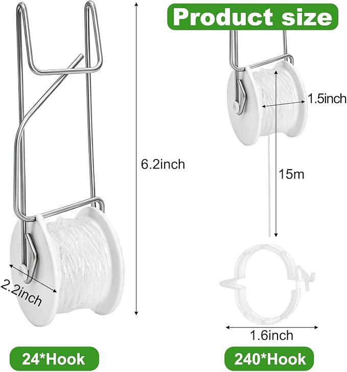 Yarlung 24 Pack Tomato Roller Hooks with 49.2 Feet String and 240 Pcs Clips for Tomato Support Trellis, Grape, Climbing Plants, Greenhouse, Flower Vine, Garden Twine Crop