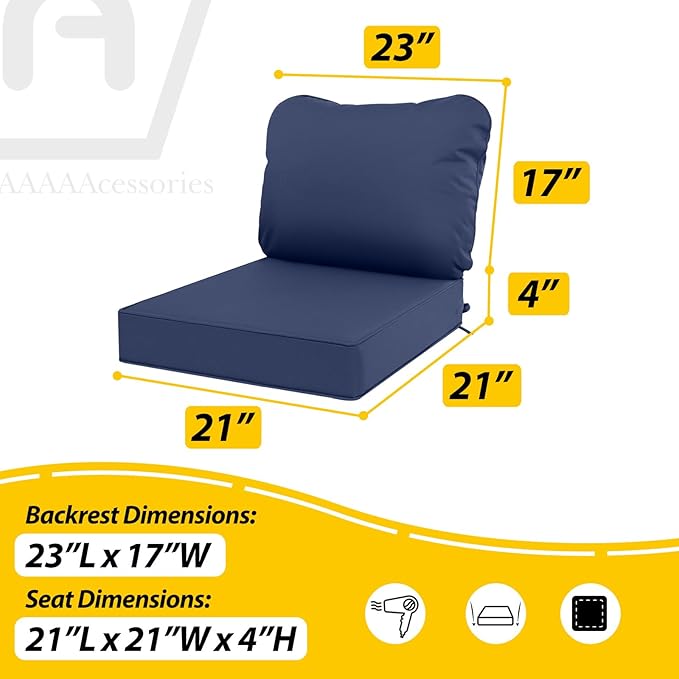 AAAAAcessories Outdoor Seat Cushions for Chairs, Waterproof, Fade-Resistant Patio Furniture Replacement Cushions, 21" x 21" x 4" + 23" x 17", Navy Blue