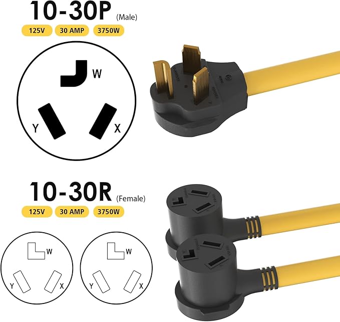 30 amp splitter 3 Prong Dryer Y Splitter L-Prong NEMA 10-30P Male to 2 x NEMA 10-30R Female, 30 Amp 250 Volt 7500W STW 10 AWG Dryer Y Adapter Cord, Power Cable for Electric Car, UL Listed