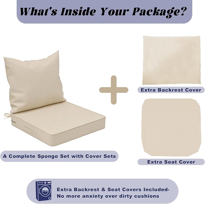 Patio Chair Cushions 24x24 Inch with Two Replaceable Cover Sets,Waterproof Fade Resistant Outdoor Cushions for Patio Furniture, Edge Binding Design with Handle, Adjustable Straps & Hidden Zipper