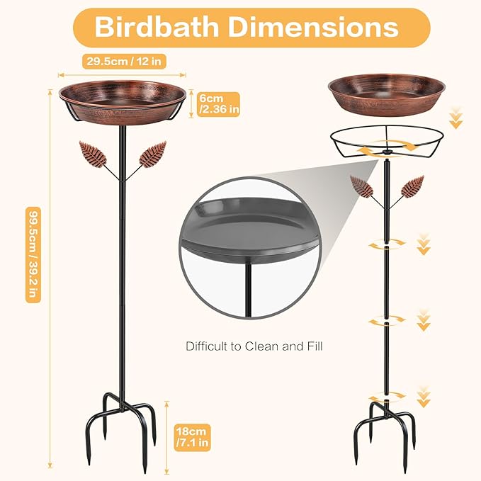 Metal Bird Bath for Outside, Freestanding Bird Baths with Removable Bowl, Birdbath & Bird Feeder with Upgraded Stable Stake for Garden Patio Yard Lawn (Vintage Brown, Leaf)