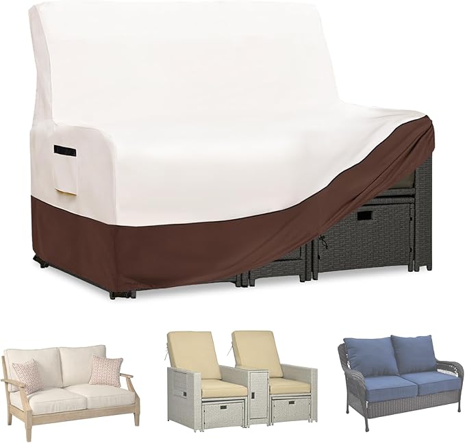 Patio Wicker Loveseat Cover,600D Heavy Duty Waterproof Patio Sofa Cover,Double Reclining Patio Lounge Chair Cover for Lawn/Garden Patio Furniture,Beige&Brown