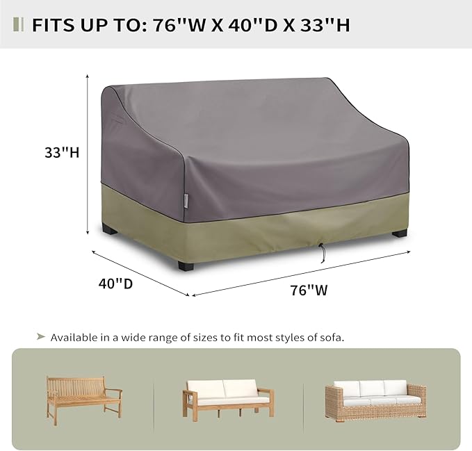 KylinLucky Heavy Duty Waterproof Patio Sofa Cover 76"x40"x33"600D, All-Weather Outdoor Loveseat Cover with Air Vents & Straps, Grey