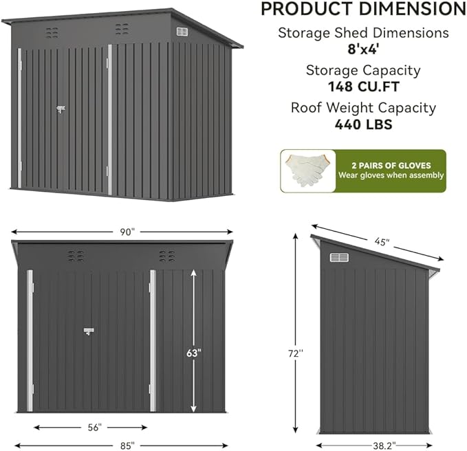 COMHOMA Shed Outdoor Storage Shed Metal,Lockable Doors Tool Sheds with Sloping Roof,Steel Garden Shed with Air Vent for Backyard,Patio,Lawn,Poolside(Grey,8'*4')