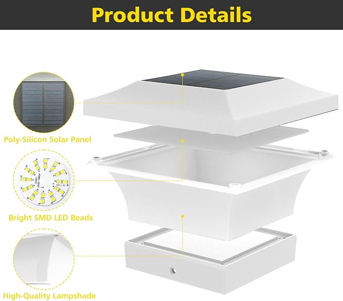 T-SUN Solar Post Cap Lights, Waterproof Outdoor Solar Powered Deck Fence Post Lights for 4 X 4 Wooden/Vinyl Posts, 6000K Cool White Lighting Decor for Deck, Patio, Garden, Porch, Fence(White - 6 Pack)