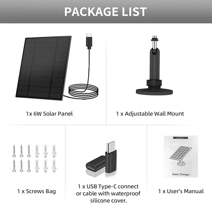 5W Solar Panel for Security Camera, Solar Panel with Micro USB & USB-C Port for DC 5V Outdoor Rechargeable Battery Camera, IP65 Waterproof, 360° Adjustable Security Mount, 9.8ft Cable (2, Black)