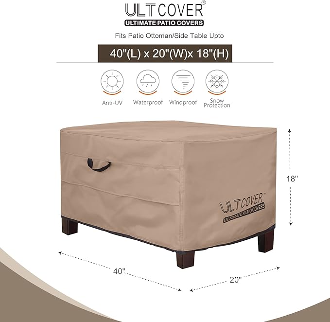 ULTCOVER Waterproof Patio Ottoman Cover Rectangular Outdoor Side Table Furniture Covers Size 40L x 20W x 18H inch