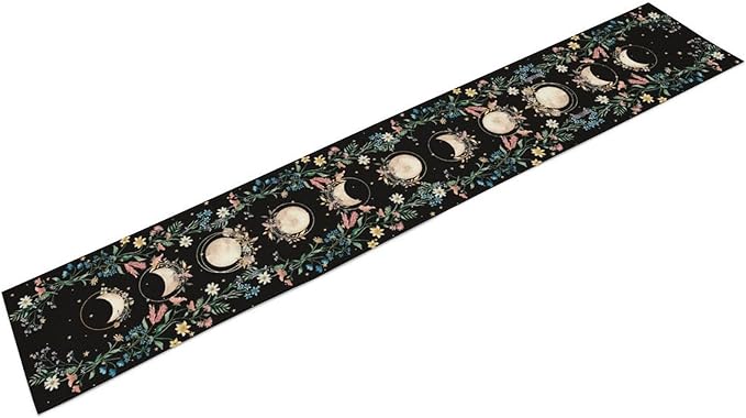 Boho Floral Table Runner, Spring Gothic Wild Flower Moon Phase Seasonal Bohemian Black Rustic Coffee Table Center Decor for Family Holiday Party Kitchen Outdoor Farmhouse Table Decorations, 13"x108"
