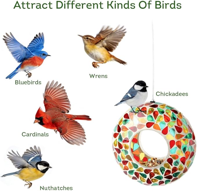 Lily's Home 6 Inches Glass Mosaic Hanging Bird Feeder for Outdoors Fly-Through Large Bird Feeder for Outdoor Garden Decor Backyard, Vibrant Gift for Animal Lovers, Green, Yellow Orange