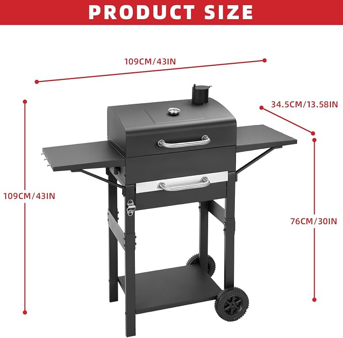 Kendane Charcoal Grill with Side Shelf, 353 Sq.Inch Cooking Area,Large Smoker Barbecue Grill with Warming Rack,Outdoor BBQ Grill with Charcoal Tray for Yard, Camping, Picnic