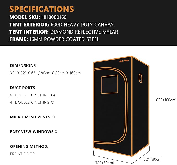 3x3 Grow Tent Kit (32"x32"x63") - Heavy-Duty 600D Diamond Mylar Lining, 98% Reflective, Viewing Window & Waterproof Floor Tray for Hydroponics Indoor Growing