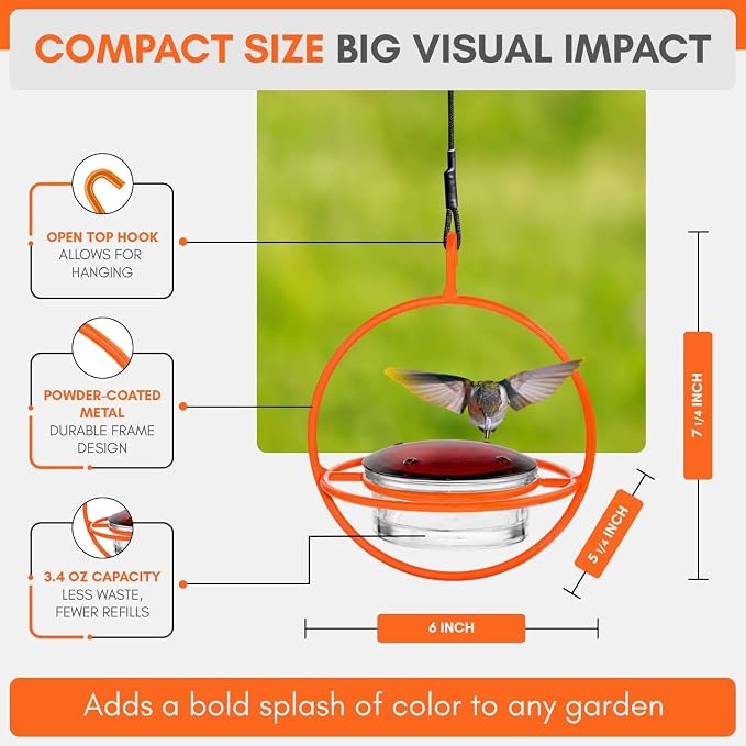 Hummingbird Feeder for Outdoors Hanging, 3.4 OZ Hummingbird Feeders, Glass Bowl with 4 Feeding Ports, Leak Proof Lid & Circular Perch, Bird Feeder (3, Orange)