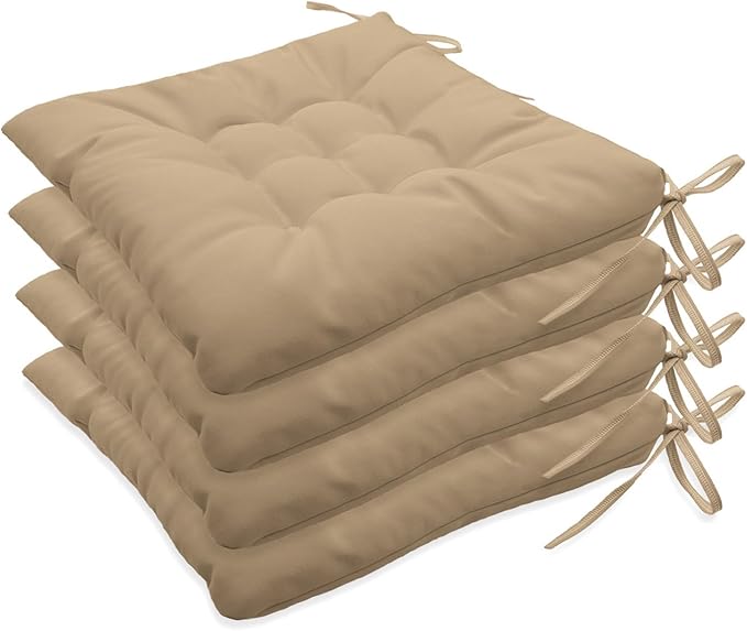 Outdoor Indoor Tufted Chair Cushions, Seat Cushions with Ties, Chair Pads Waterproof for Porch Kitchen Office Garden Khaki 16" x 16", Set of 4