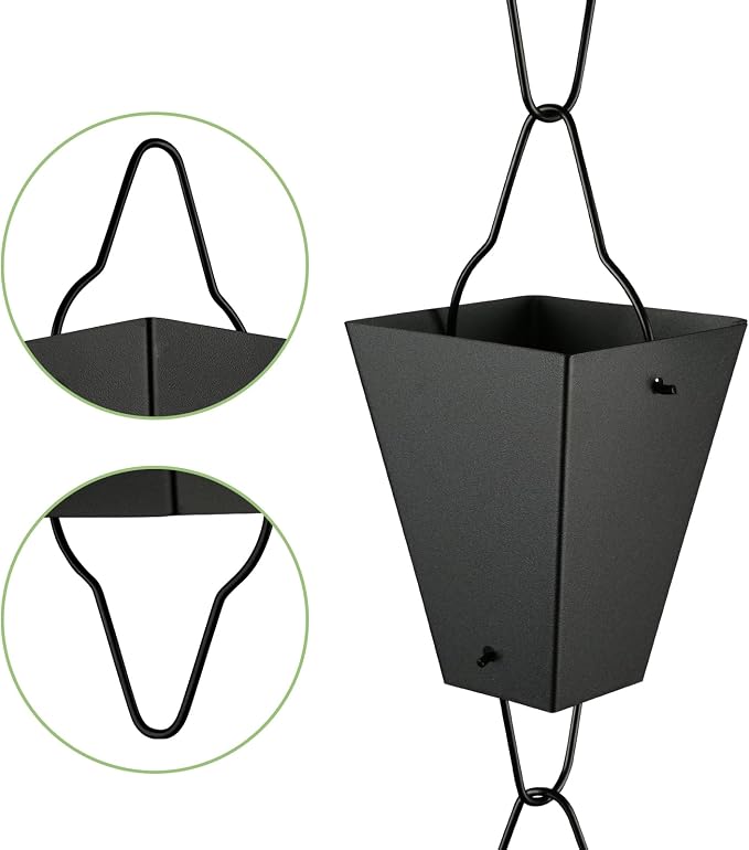 TE DEUM Square Link Rain Chain, 8.5 Feet Length, 3.7inch Big Size Cup, Black Powder Coated, Functional and Decorative Replacement for Gutter Downspouts, V Gutter Clip Included, Black
