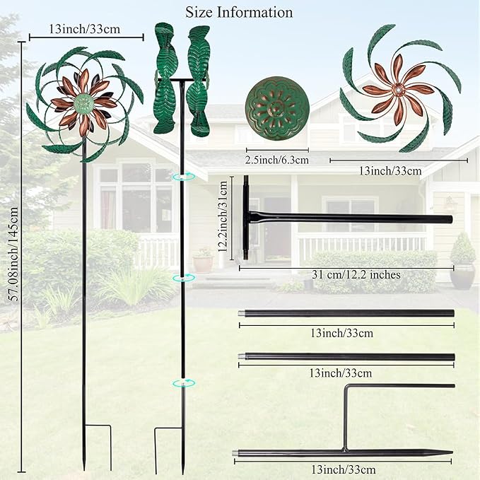 Viveta Outdoor Wind Spinner, Green Leaf Wind Sculptures, Metal Windmill Garden Pinwheels for for Patio, Lawn, Yard
