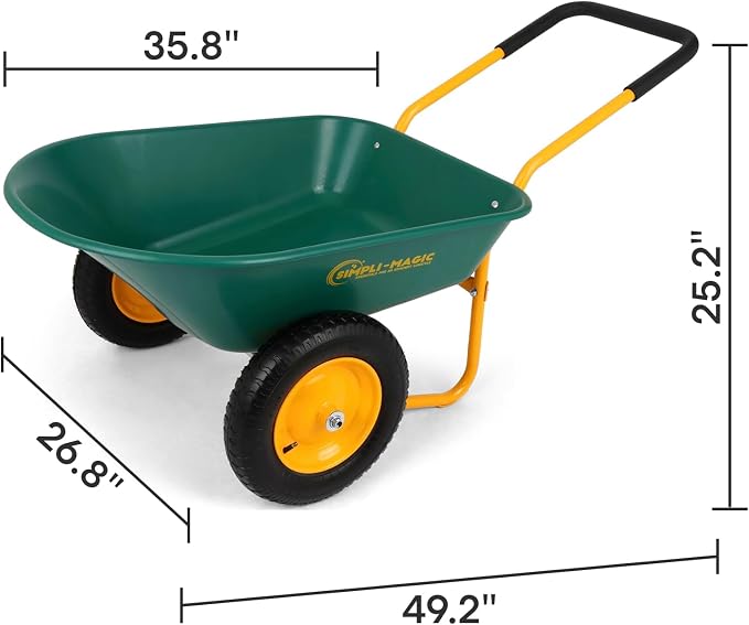SIMPLI-Magic Dual-Wheel Wheelbarrow Garden Cart - Heavy Duty Yard Cart with 5 Cu Ft Capacity, 330 lb Load, 13” Pneumatic Wheels & Built-in Stand for Lawn, Soil, Mulch & Construction