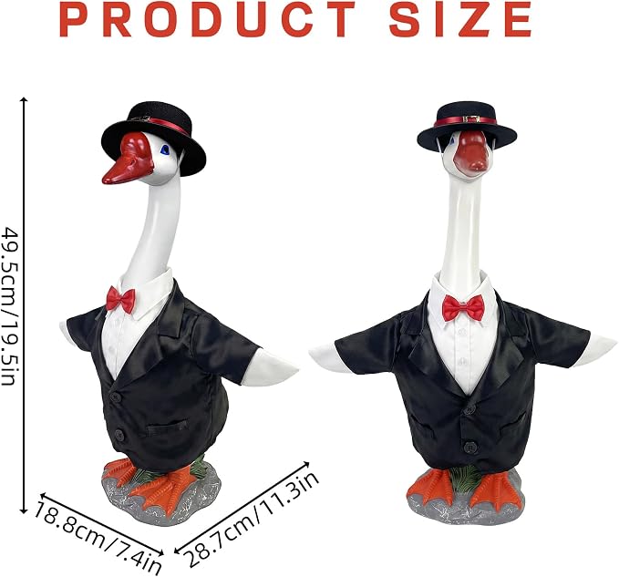 Porch Goose Statue with Gentleman Black Siut Outfits- 19.5" Garden Resin Goose Decorative Figurine Cute Sculpture for Outdoor Indoor Patio Lawn Yard Balcony Decor Housewarming Gifts