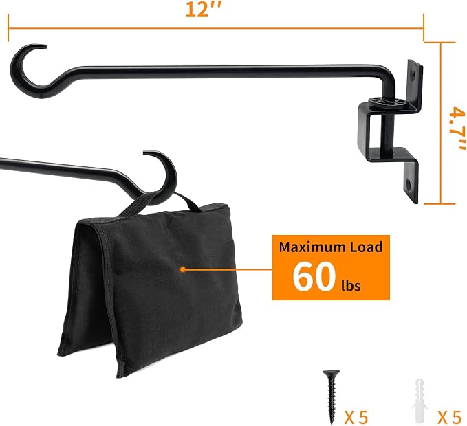 12 inch 2 Pack Swivel Plant Hangers Outdoor Heavy Duty - Black Iron Plant Hanging Hook Bracket for Flowers Baskets Pots Bird Feeder Lanterns Wind Chimes