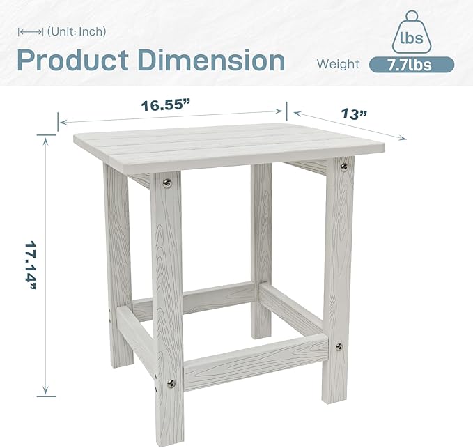 Meluvici Adirondack Side Table - HDPS Weather Resistant, End Table for Patio, Pool, Deck, Porch, Indoor/Outdoor Use, White