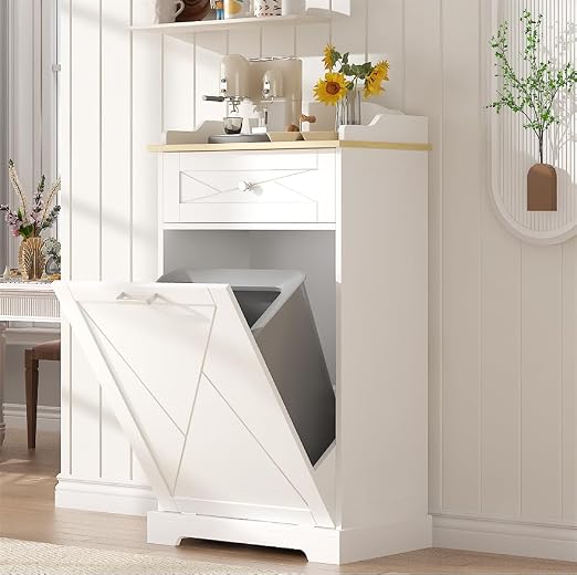 kepptory Tilt Out Trash Can Cabinet, 12 Gallon Farmhouse Laundry Hamper Cabinet with Drawer, Hidden Wooden Trash Garbage Can Bin with Storage Basket for Kitchen, Living Room (White)