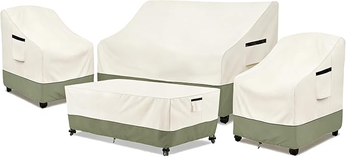Rileytee Patio Furniture Set Covers,4 Pcs 600D Heavy Duty100% Waterproof Outdoor Furniture Cover,Fit Patio Loveseat, Chair and Coffee Table (White&Grayish Green,Large)
