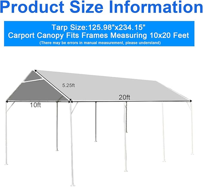 10 x 20 Ft Heavy Duty Carport Replacement Canopy Cover Waterproof & UV Protected Car Garage Top Tent Shelter Tarp Cover with 44 Ball Bungees Cords, Only Top Cover, Grey, Gray