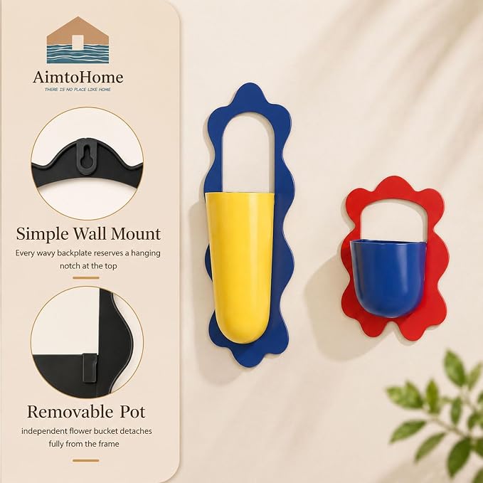 Wall Mount Flower Vase Detachable Metal Wall Plant Pot 2 Pack | Scalloped Wavy Border Wall-mounted Planter Modern Color Block Wall Decor Vase for Home Floral Display