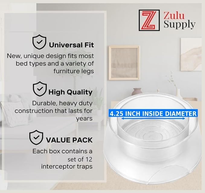 Bed Bug Interceptor Traps – Clear 12-Pack Passive Monitor & Detection Trap – Universal Fit for Bed & Furniture Legs – Reusable Non-Climbable Wall Pest Control Protection (Clear 12-Pack)