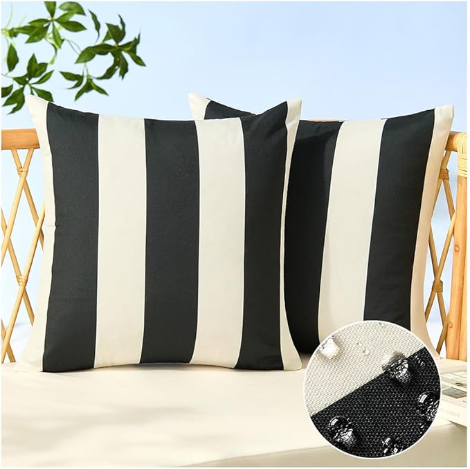 Allorry Outdoor Pillow Covers 20x20 Set of 2 Black Striped Decoration Throw Pillow Covers for Spring Summer Outdoor Waterproof Garden Patio Furniture Sofa Bed Home Decor JB007-A20